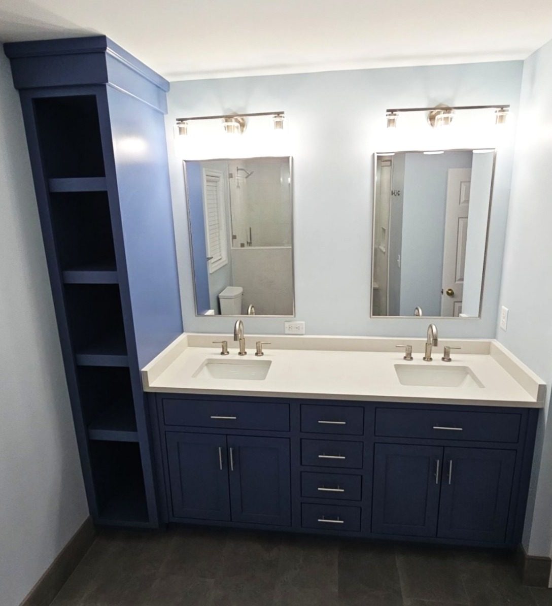 Bedford — navy shaker double vanity with quartz countertop and side linen tower